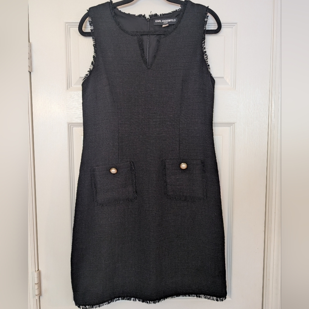 KARL LAGERFELD Sleeveless Tweed Pearl Button Sleeveless Dress